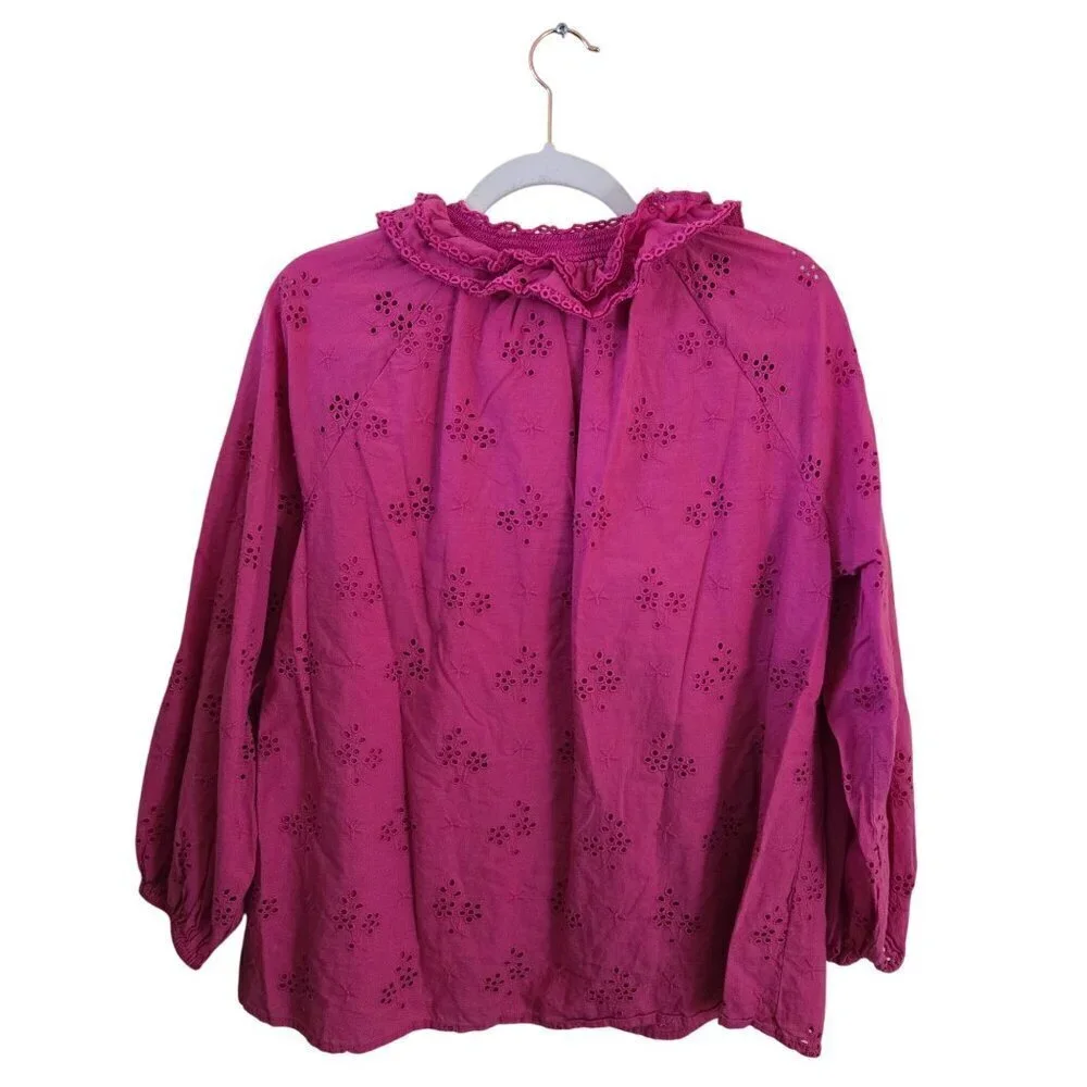 J. Crew Pink Eyelet Ruffled Collar Balloon Sleeve Peasant Blouse Size L
